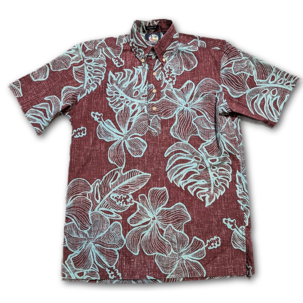 Reyn Spooner Mens XS Button-Down Shirt Burgundy Hawaiian Floral Woven Breathable